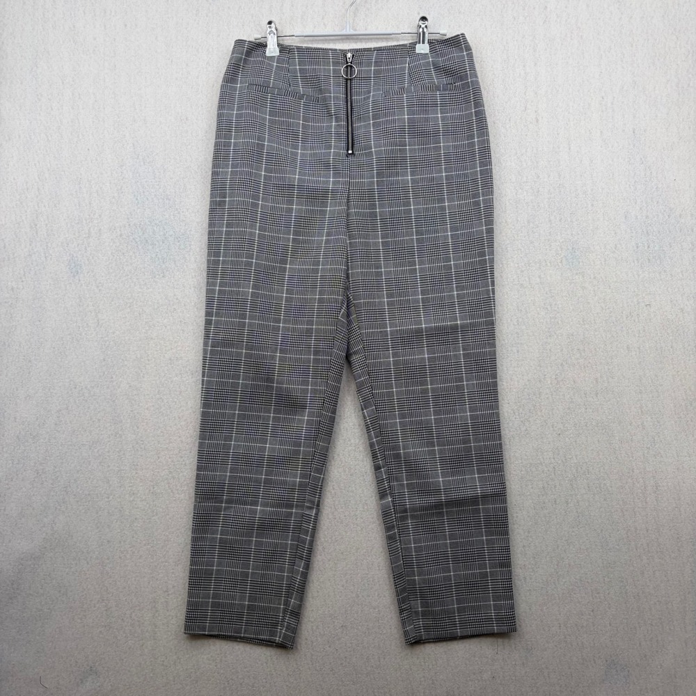 Forever 21 Womens M Plaid High Rise Ring Zip Ankle Pants Black White Tapered